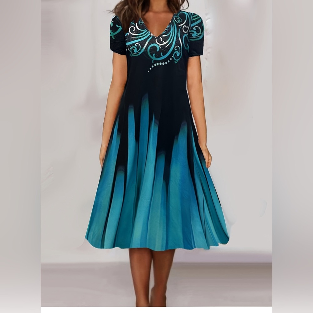 Colorblocked ladies 1 XL v neck flared dress. Easy pull on & off/Shades of Blue